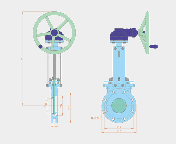 one-way sealing bevel gear flange type knife gate valve